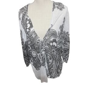 Chicos Sz 2/L Linen Cardigan Sweater Sheer Black/ White Paisley Lightweight